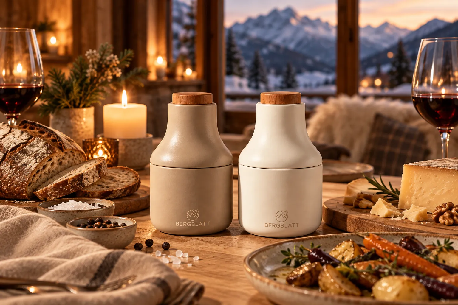 Abendessen im Chalet mit Brot, Bergkäse, Wein und den Bergblatt Mühlen