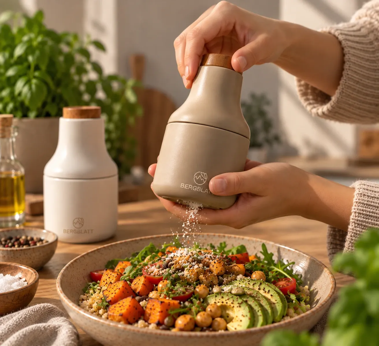 Hände mahlen mit der Bergblatt Mühle Salz über eine bunte Bowl